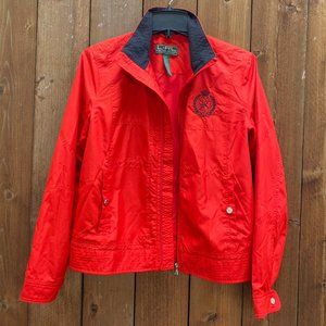 L-RL Active red rain jacket // silver accents // embroidered crest // sz M